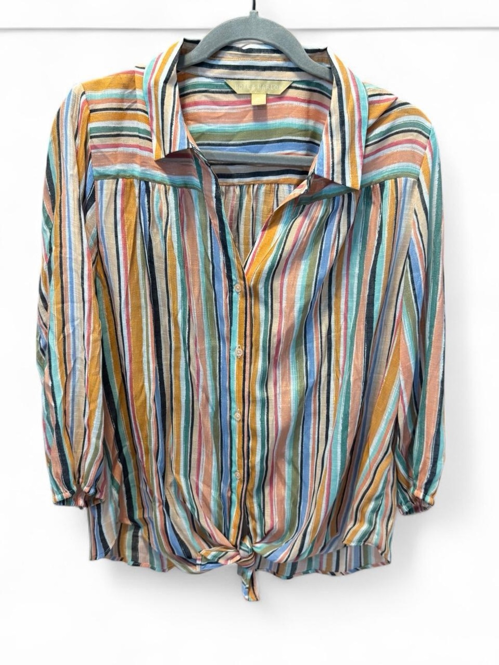 Women's Striped Button-Front Tie Hem Top - Multicolor